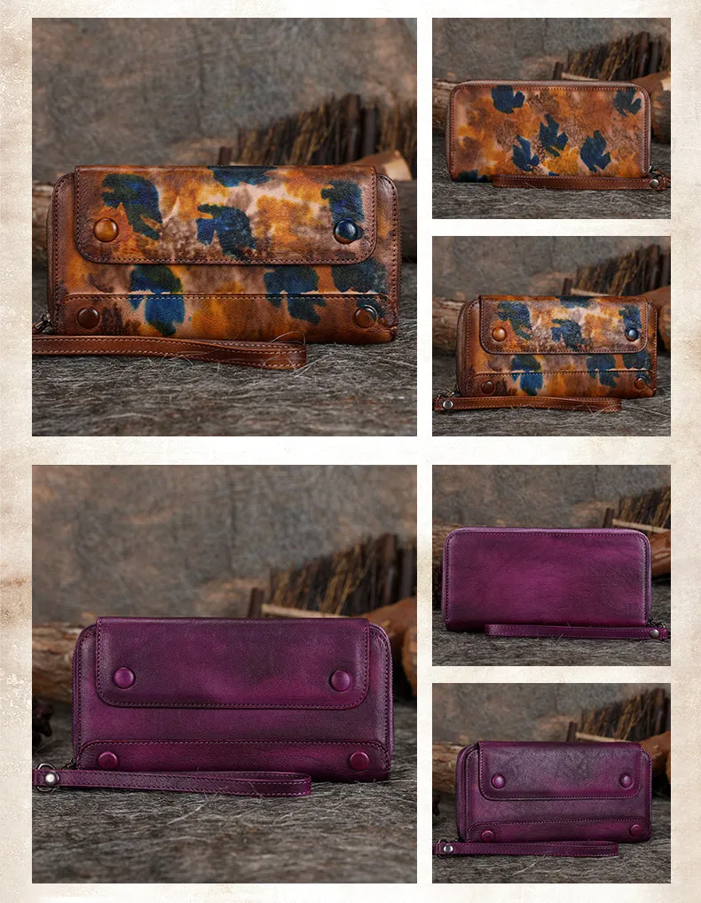 Vintage Red Leather Wristlet Wallets Womens Zip Around Wallet Ladies Bifold Clutch Wallet for Women