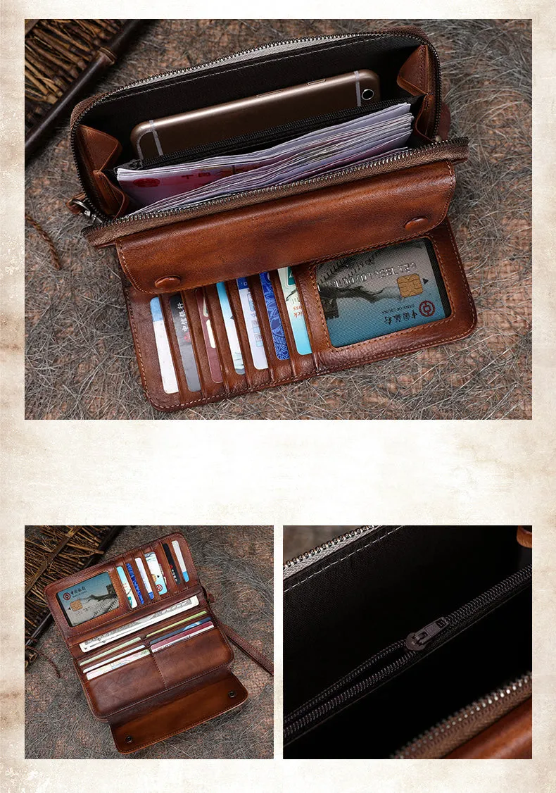 Vintage Red Leather Wristlet Wallets Womens Zip Around Wallet Ladies Bifold Clutch Wallet for Women