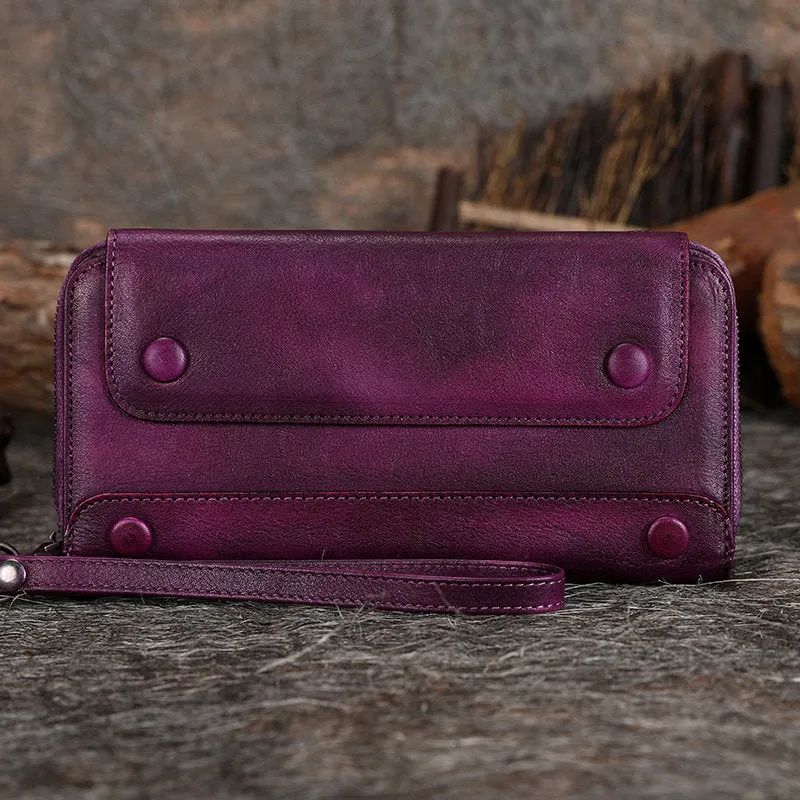 Vintage Red Leather Wristlet Wallets Womens Zip Around Wallet Ladies Bifold Clutch Wallet for Women