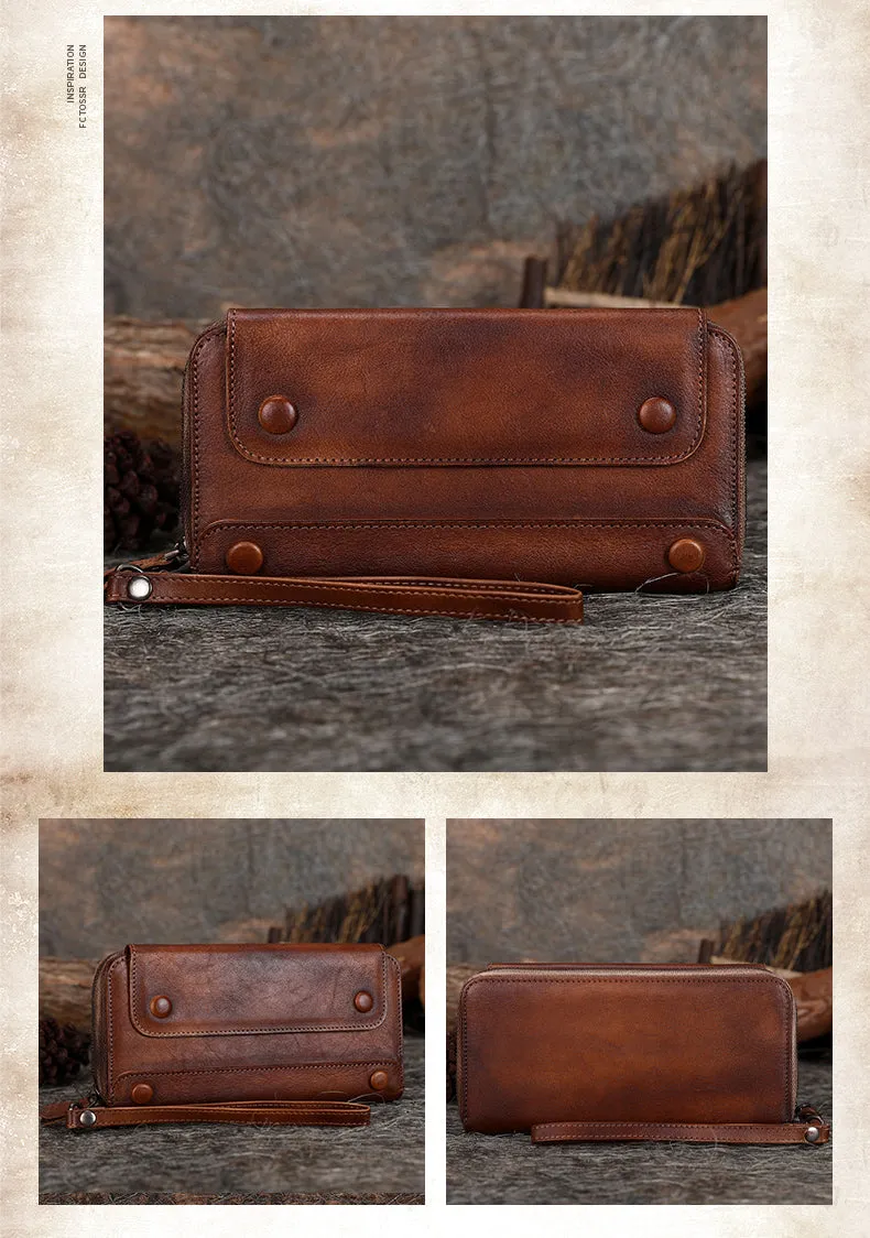 Vintage Red Leather Wristlet Wallets Womens Zip Around Wallet Ladies Bifold Clutch Wallet for Women