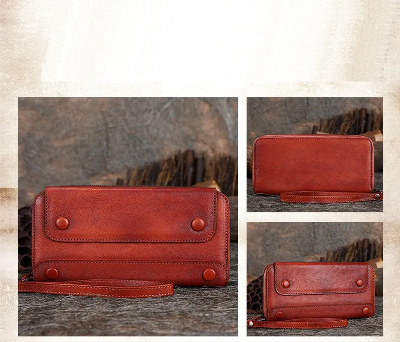 Vintage Red Leather Wristlet Wallets Womens Zip Around Wallet Ladies Bifold Clutch Wallet for Women