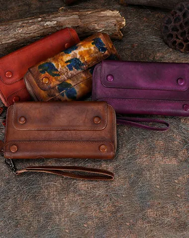 Vintage Red Leather Wristlet Wallets Womens Zip Around Wallet Ladies Bifold Clutch Wallet for Women
