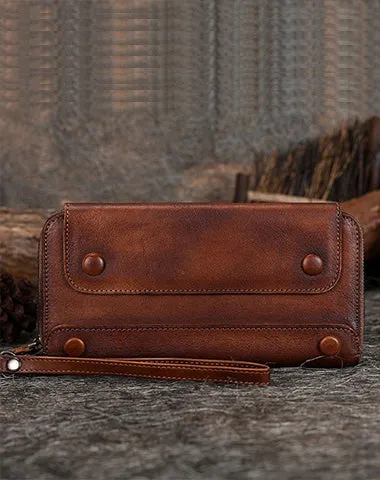 Vintage Red Leather Wristlet Wallets Womens Zip Around Wallet Ladies Bifold Clutch Wallet for Women