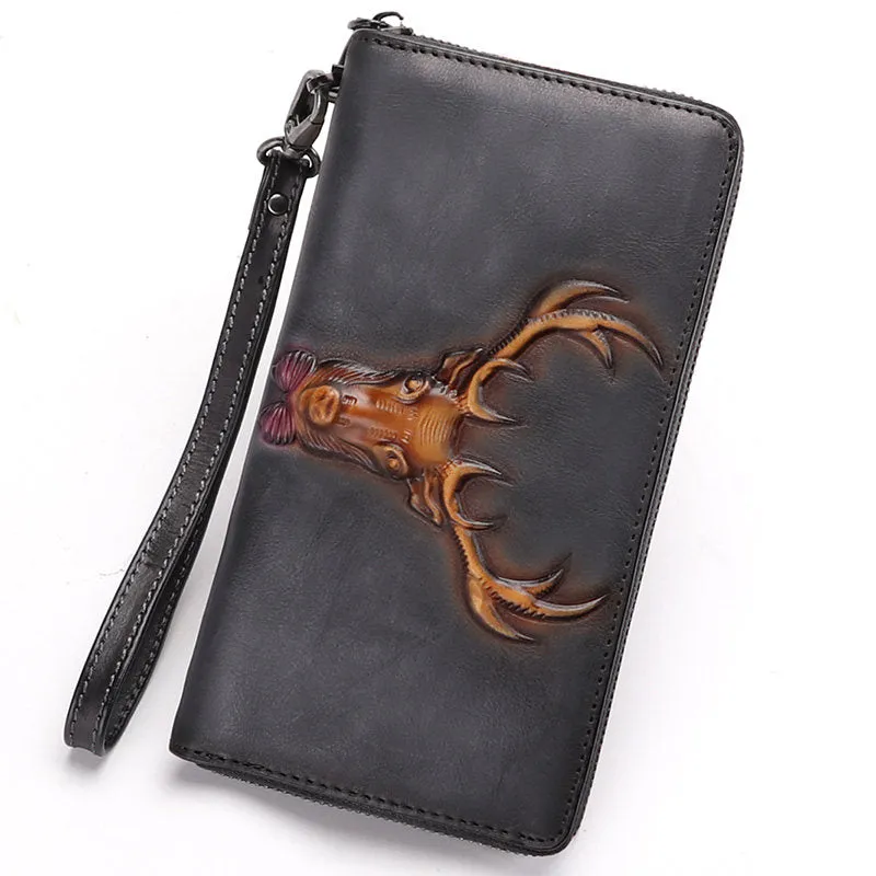 Vintage Reindeer Green Leather Wristlet Wallets Womens Zip Around Wallet Reindeer Ladies Zipper Clutch Wallets for Women