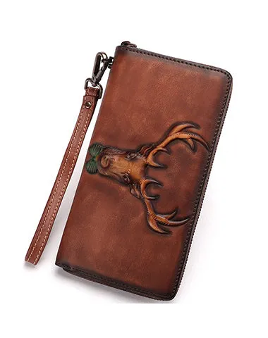 Vintage Reindeer Green Leather Wristlet Wallets Womens Zip Around Wallet Reindeer Ladies Zipper Clutch Wallets for Women