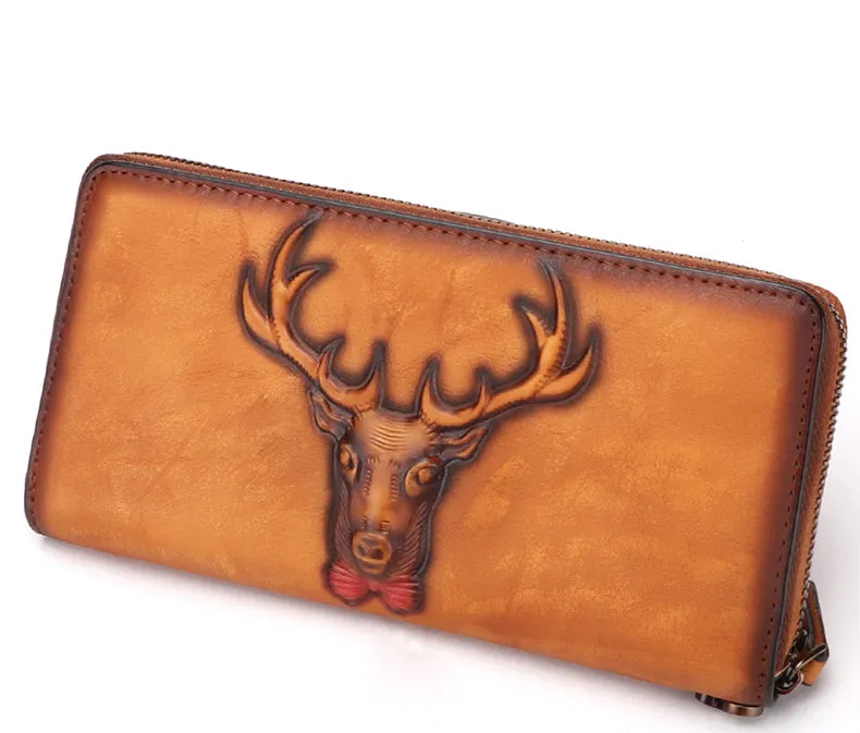 Vintage Reindeer Green Leather Wristlet Wallets Womens Zip Around Wallet Reindeer Ladies Zipper Clutch Wallets for Women