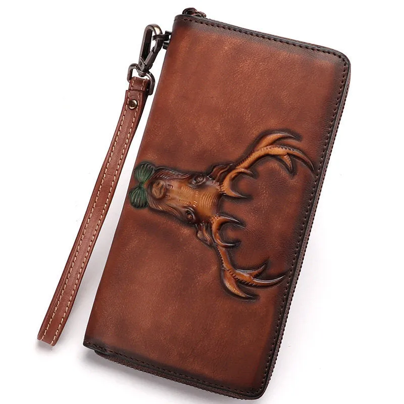 Vintage Reindeer Green Leather Wristlet Wallets Womens Zip Around Wallet Reindeer Ladies Zipper Clutch Wallets for Women