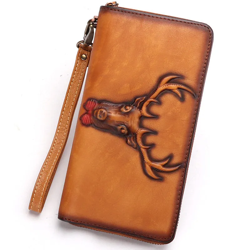 Vintage Reindeer Green Leather Wristlet Wallets Womens Zip Around Wallet Reindeer Ladies Zipper Clutch Wallets for Women