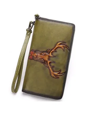 Vintage Reindeer Green Leather Wristlet Wallets Womens Zip Around Wallet Reindeer Ladies Zipper Clutch Wallets for Women
