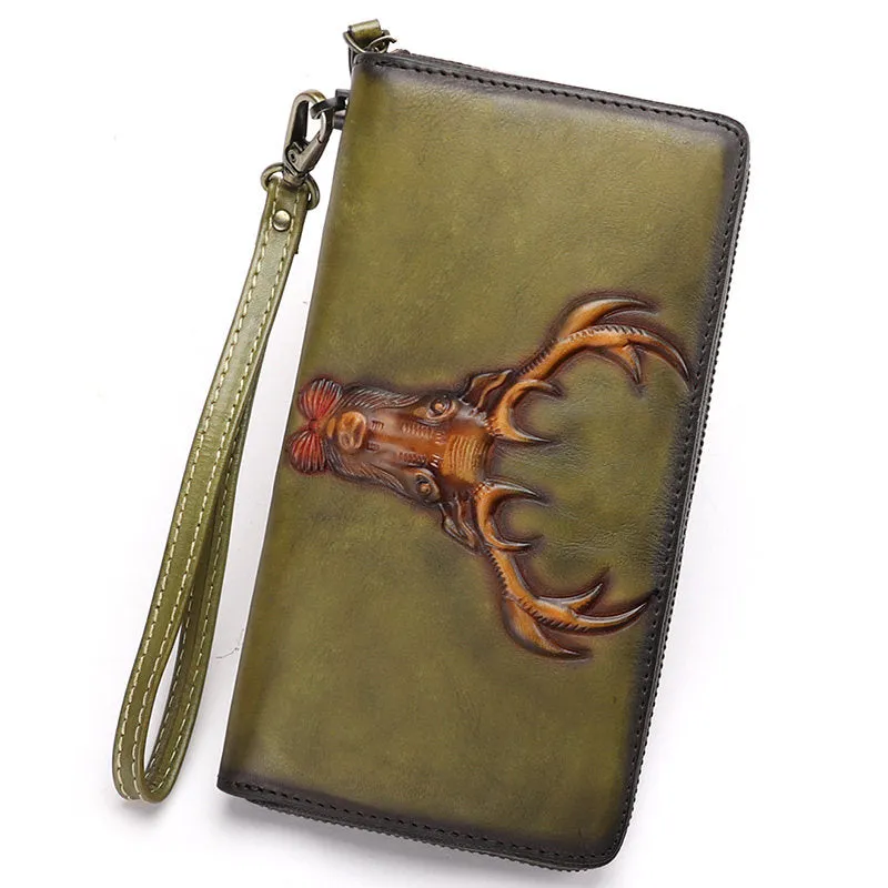 Vintage Reindeer Green Leather Wristlet Wallets Womens Zip Around Wallet Reindeer Ladies Zipper Clutch Wallets for Women