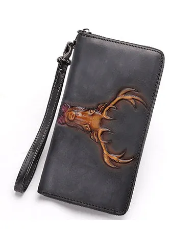 Vintage Reindeer Green Leather Wristlet Wallets Womens Zip Around Wallet Reindeer Ladies Zipper Clutch Wallets for Women