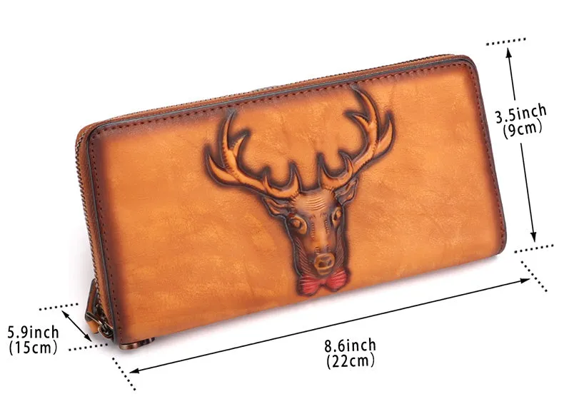 Vintage Reindeer Green Leather Wristlet Wallets Womens Zip Around Wallet Reindeer Ladies Zipper Clutch Wallets for Women
