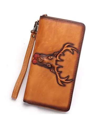 Vintage Reindeer Green Leather Wristlet Wallets Womens Zip Around Wallet Reindeer Ladies Zipper Clutch Wallets for Women