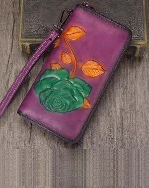 Vintage Rose Flower Purple Leather Wristlet Wallet Womens Rose Zip Around Wallets Flower Ladies Zipper Clutch Wallet for Women