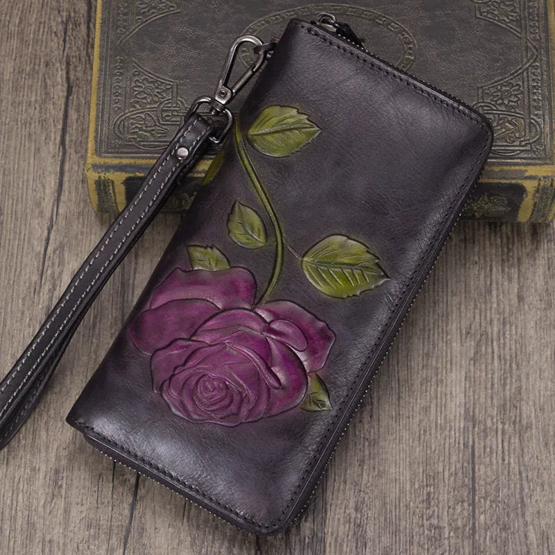 Vintage Rose Flower Purple Leather Wristlet Wallet Womens Rose Zip Around Wallets Flower Ladies Zipper Clutch Wallet for Women