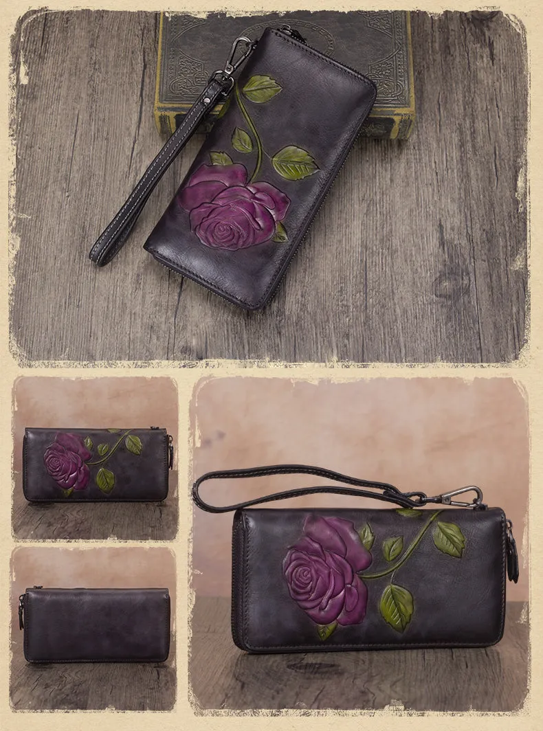 Vintage Rose Flower Purple Leather Wristlet Wallet Womens Rose Zip Around Wallets Flower Ladies Zipper Clutch Wallet for Women