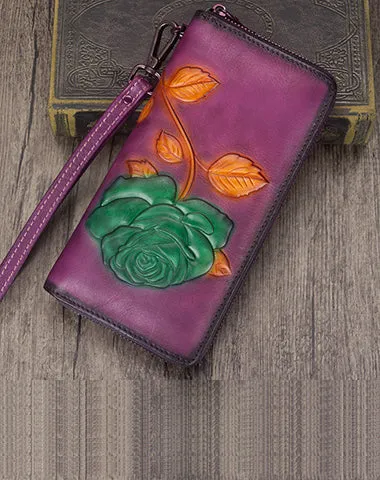 Vintage Rose Flower Purple Leather Wristlet Wallet Womens Rose Zip Around Wallets Flower Ladies Zipper Clutch Wallet for Women