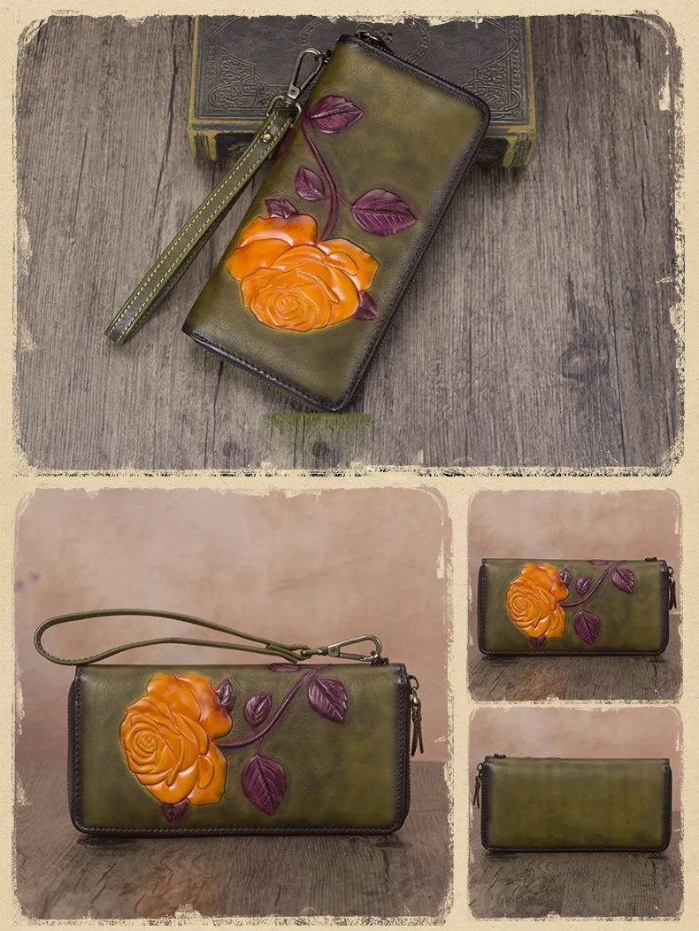Vintage Rose Flower Purple Leather Wristlet Wallet Womens Rose Zip Around Wallets Flower Ladies Zipper Clutch Wallet for Women