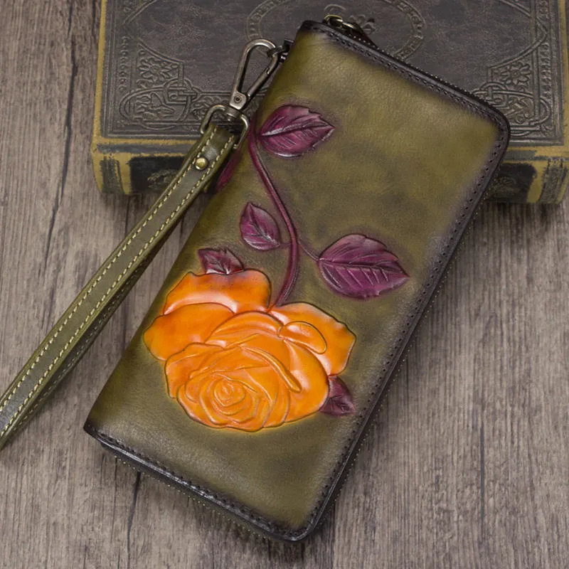 Vintage Rose Flower Purple Leather Wristlet Wallet Womens Rose Zip Around Wallets Flower Ladies Zipper Clutch Wallet for Women