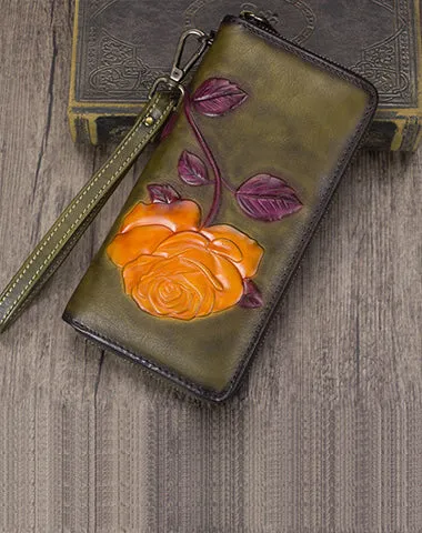 Vintage Rose Flower Purple Leather Wristlet Wallet Womens Rose Zip Around Wallets Flower Ladies Zipper Clutch Wallet for Women