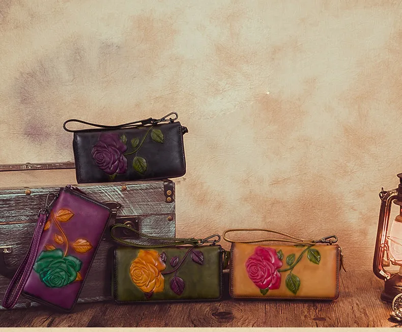 Vintage Rose Flower Purple Leather Wristlet Wallet Womens Rose Zip Around Wallets Flower Ladies Zipper Clutch Wallet for Women