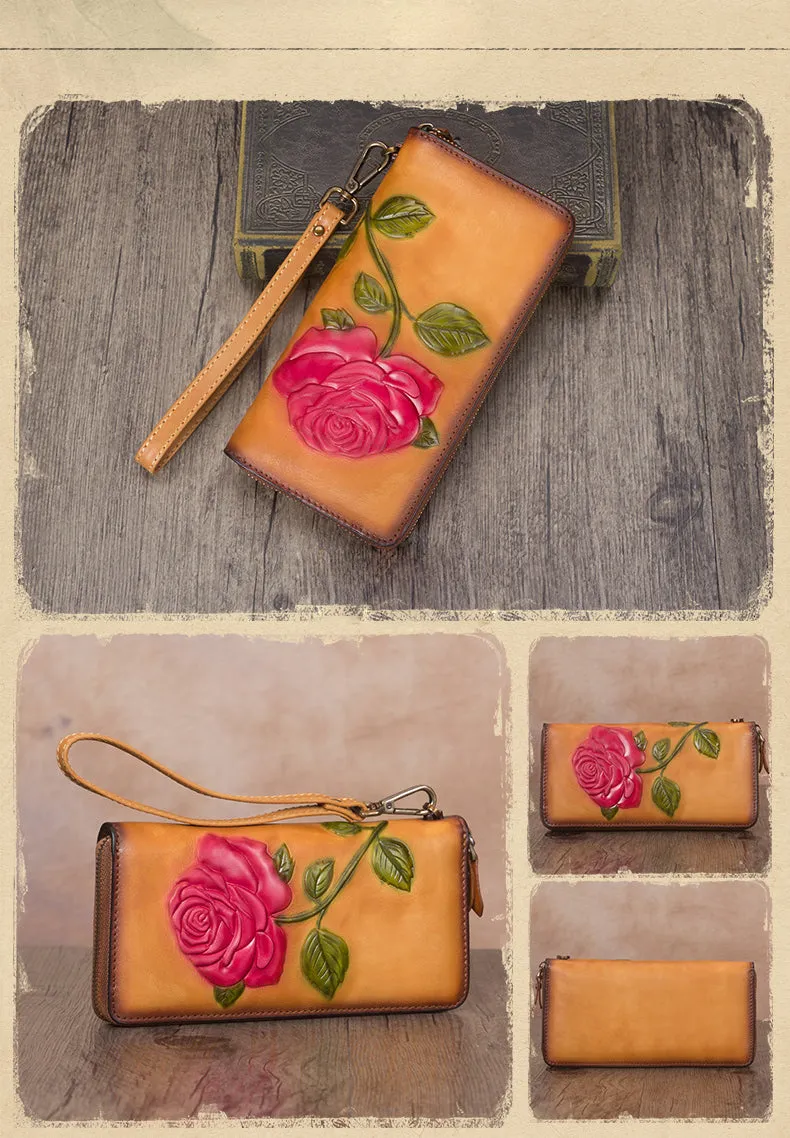 Vintage Rose Flower Purple Leather Wristlet Wallet Womens Rose Zip Around Wallets Flower Ladies Zipper Clutch Wallet for Women