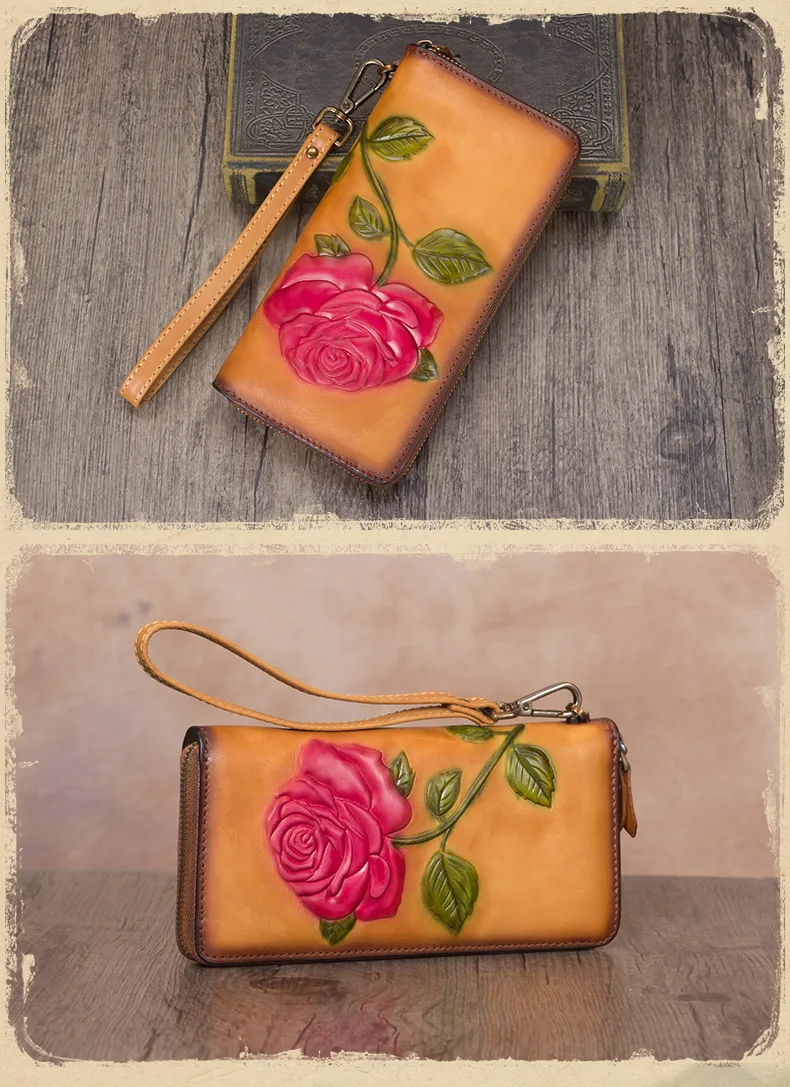 Vintage Rose Flower Purple Leather Wristlet Wallet Womens Rose Zip Around Wallets Flower Ladies Zipper Clutch Wallet for Women