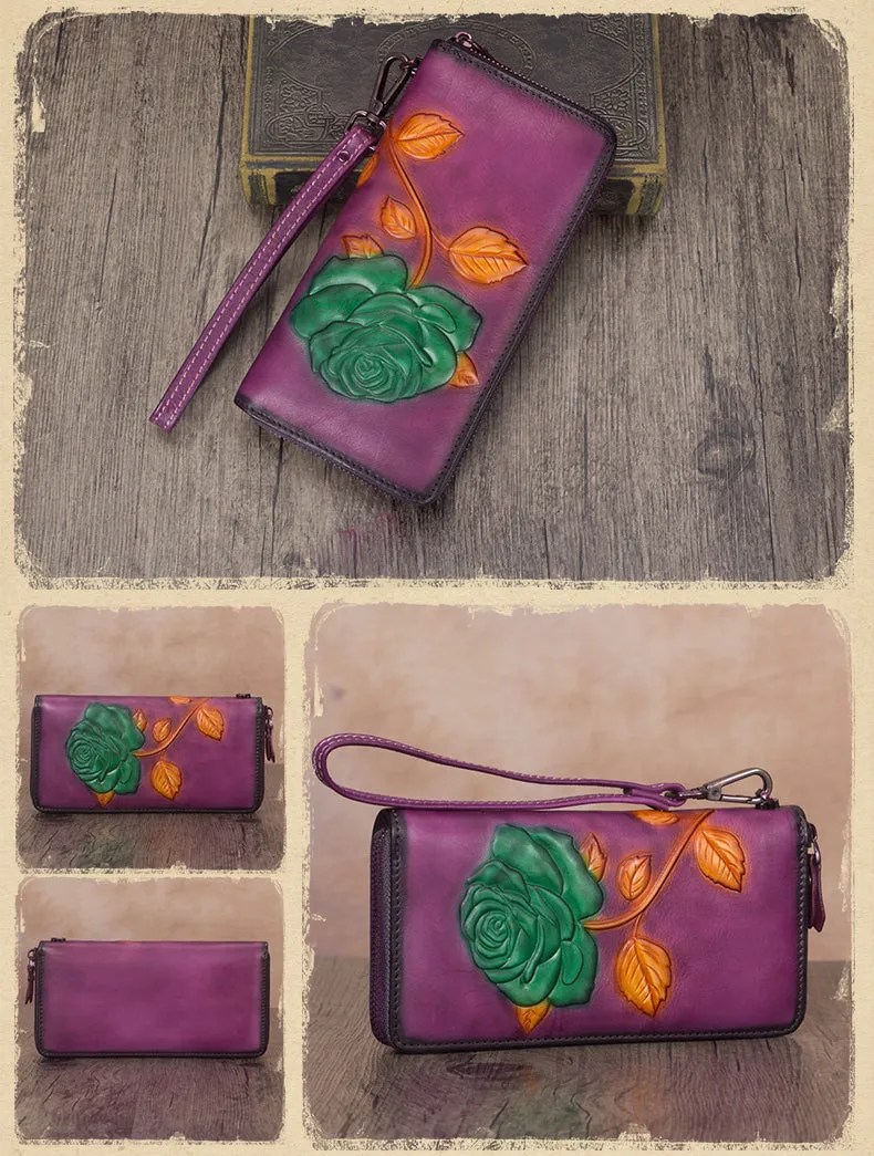 Vintage Rose Flower Purple Leather Wristlet Wallet Womens Rose Zip Around Wallets Flower Ladies Zipper Clutch Wallet for Women