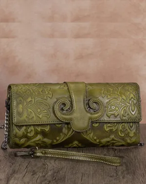 Vintage Sunflowers Green Leather Wristlet Wallet Womens Floral Shoulder Wallet Purse Zip Crossbody Purse Chain Shoulder Bag for Women