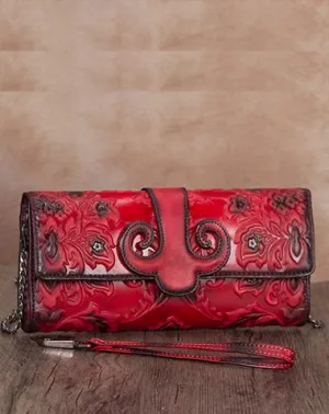 Vintage Sunflowers Red Leather Wristlet Wallet Womens Floral Shoulder Wallet Purse Zip Crossbody Purse Chain Shoulder Bag for Women