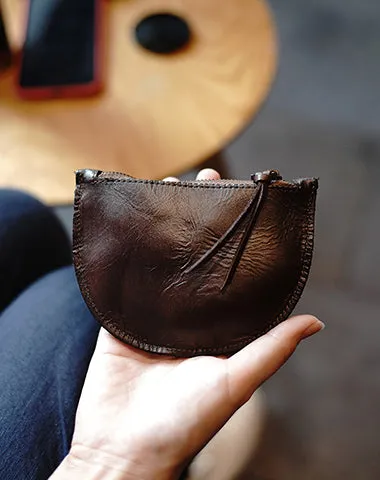 Vintage Women Brown Leather Zip Coin Pouch Saddle Coin Wallet Change Wallet For Women