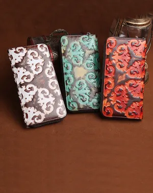 Vintage Womens Floral Leather Zip Around Wallet Floral Ladies Zipper Clutch Wallet for Women
