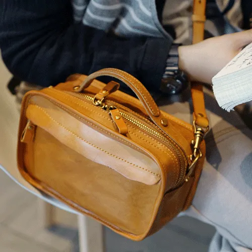 Vintage Womens Leather Tan Small Handbag Square Crossbody Purse Green Leather Satchel Shoulder Bag