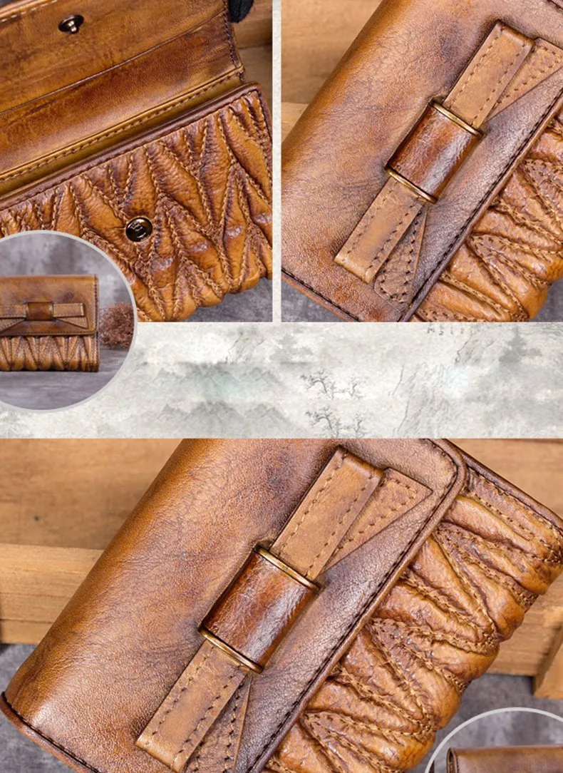 Vintage Womens Red Leather Bowknot Cute Small Brown Wallet Trifold billfold Wallet for Ladies