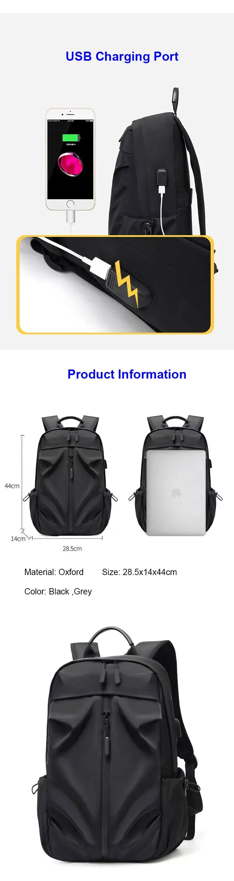 Waterproof Travel Laptop College School Backpack With Usb