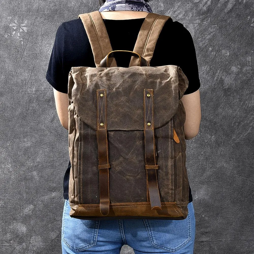 Waxed Canvas Leather Mens 15" Gray Computer Backpack Brown Travel Backpack College Backpack for Men