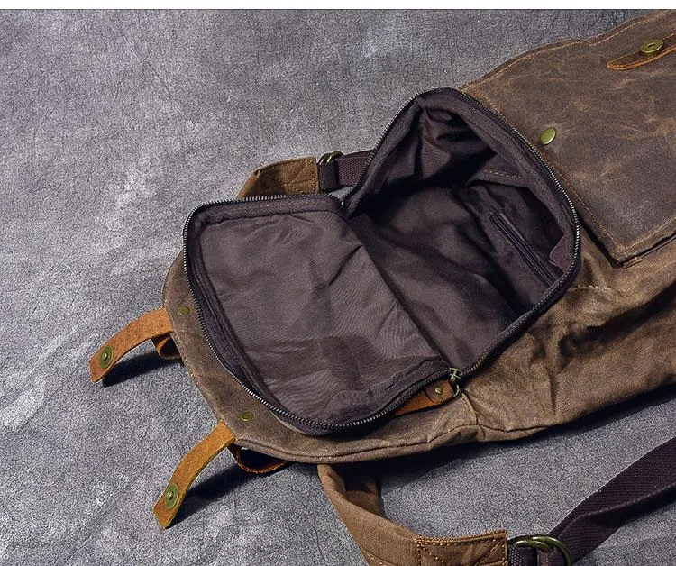 Waxed Canvas Leather Mens 15" Gray Computer Backpack Brown Travel Backpack College Backpack for Men