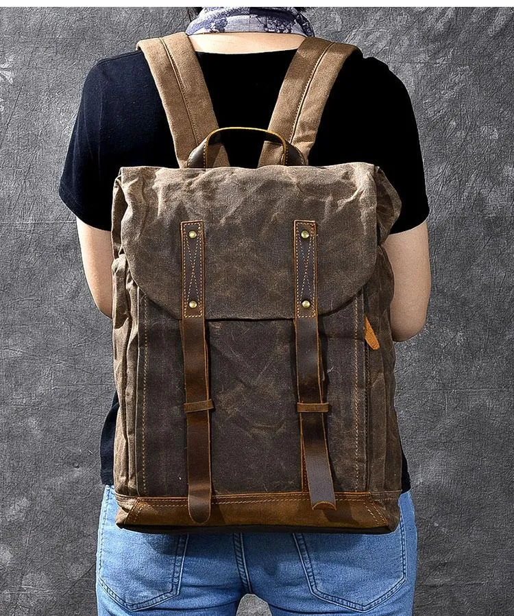 Waxed Canvas Leather Mens 15" Gray Computer Backpack Brown Travel Backpack College Backpack for Men