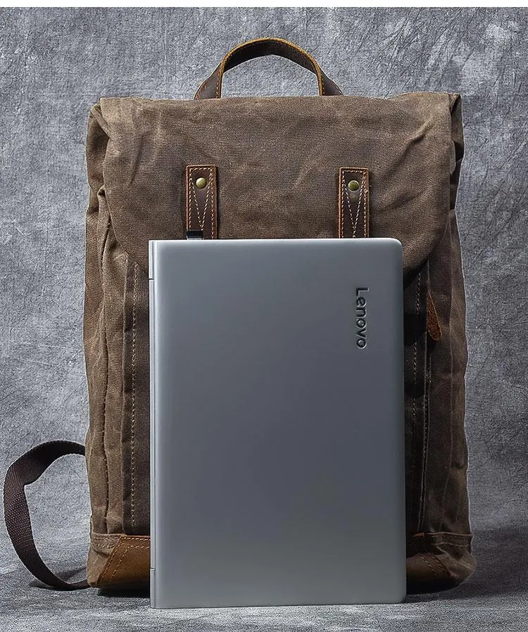 Waxed Canvas Leather Mens 15" Gray Computer Backpack Brown Travel Backpack College Backpack for Men