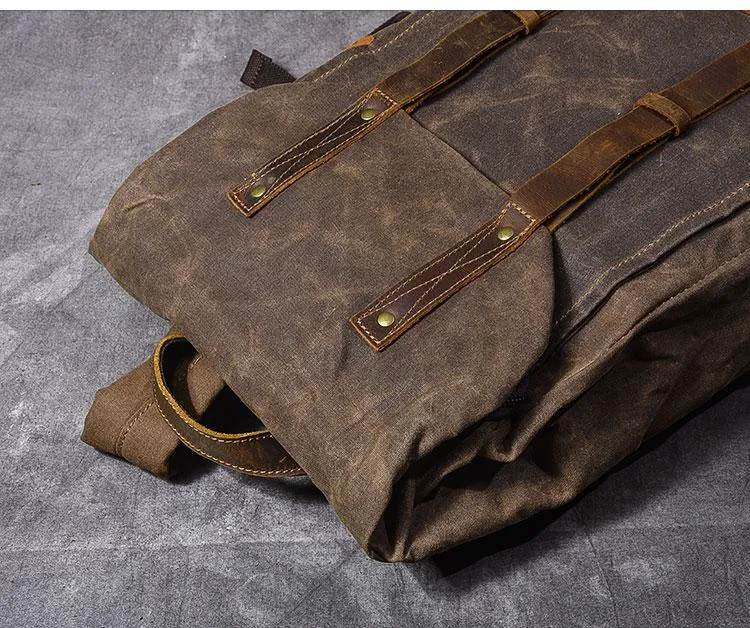 Waxed Canvas Leather Mens 15" Gray Computer Backpack Brown Travel Backpack College Backpack for Men