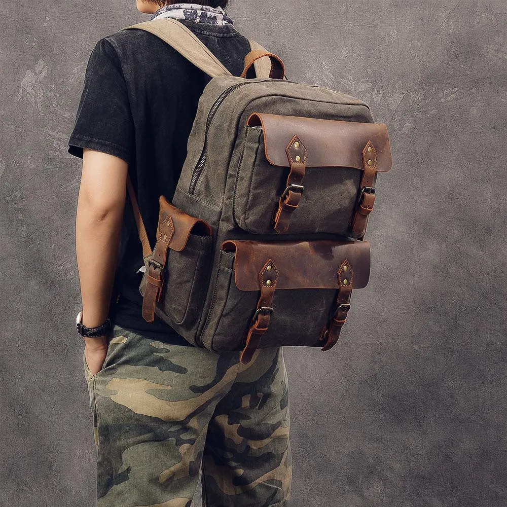 Waxed Canvas Leather Mens 15" Laptop Backpack Army Green Travel Backpack College Backpack for Men