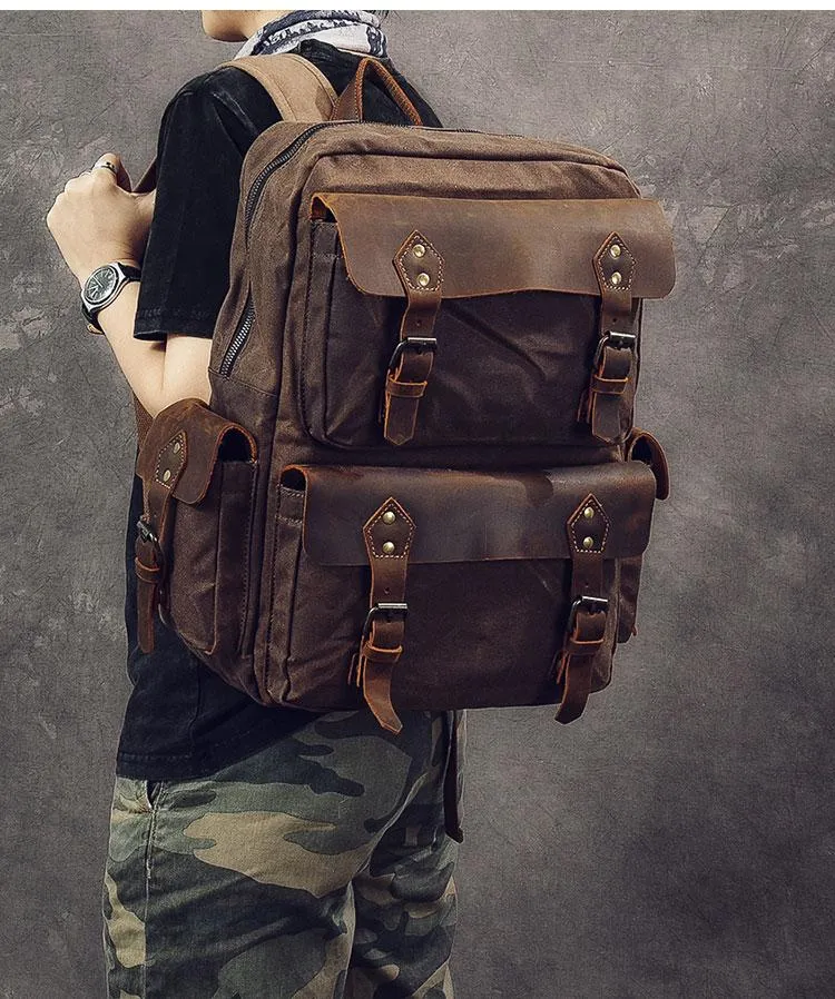 Waxed Canvas Leather Mens 15" Laptop Backpack Army Green Travel Backpack College Backpack for Men