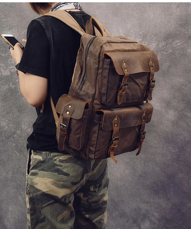 Waxed Canvas Leather Mens 15" Laptop Backpack Army Green Travel Backpack College Backpack for Men