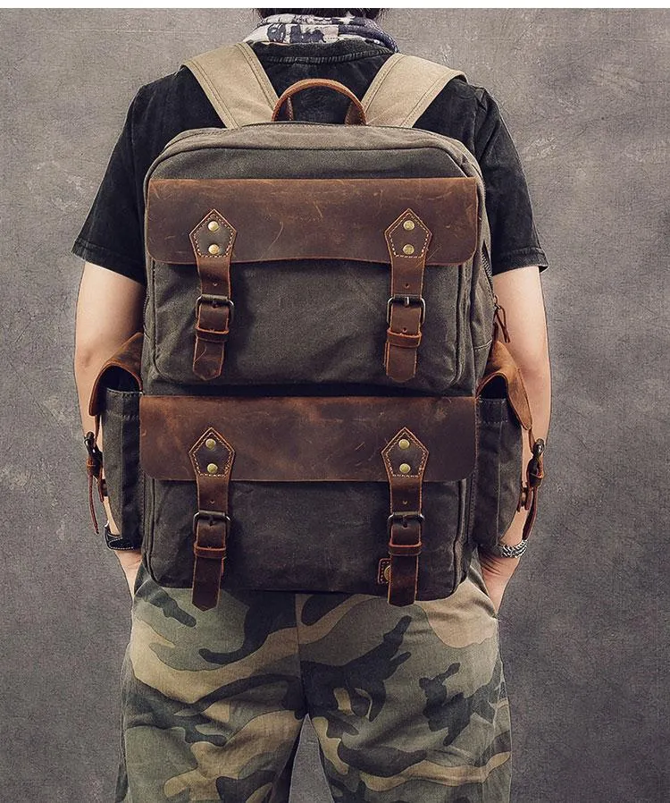 Waxed Canvas Leather Mens 15" Laptop Backpack Army Green Travel Backpack College Backpack for Men