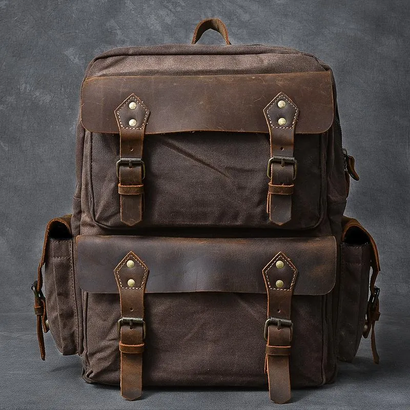 Waxed Canvas Leather Mens 15" Laptop Backpack Army Green Travel Backpack College Backpack for Men