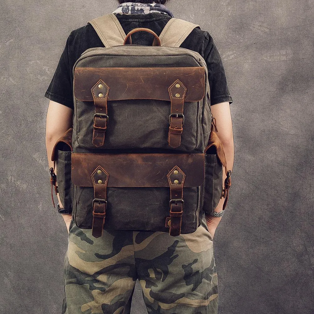 Waxed Canvas Leather Mens 15" Laptop Backpack Army Green Travel Backpack College Backpack for Men