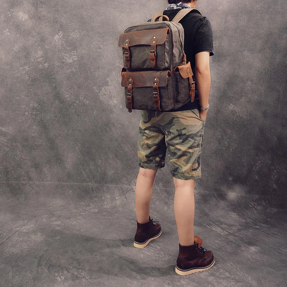 Waxed Canvas Leather Mens 15" Laptop Backpack Army Green Travel Backpack College Backpack for Men