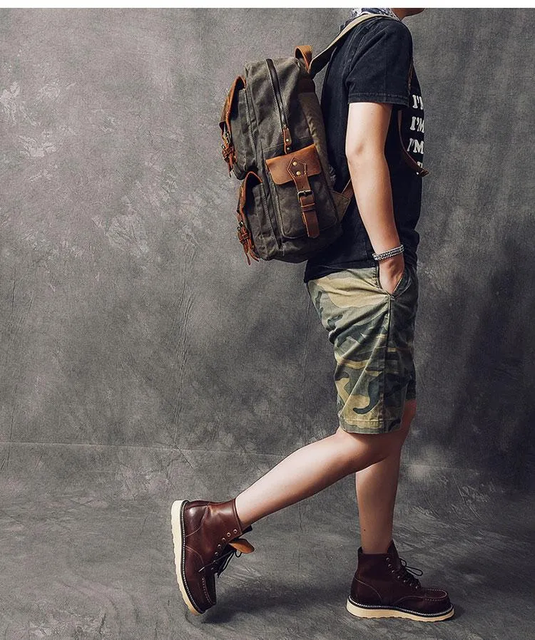 Waxed Canvas Leather Mens 15" Laptop Backpack Army Green Travel Backpack College Backpack for Men
