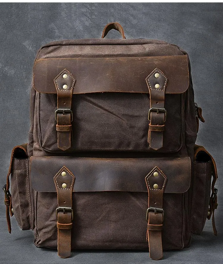 Waxed Canvas Leather Mens 15" Laptop Backpack Army Green Travel Backpack College Backpack for Men