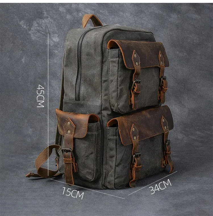 Waxed Canvas Leather Mens 15" Laptop Backpack Army Green Travel Backpack College Backpack for Men